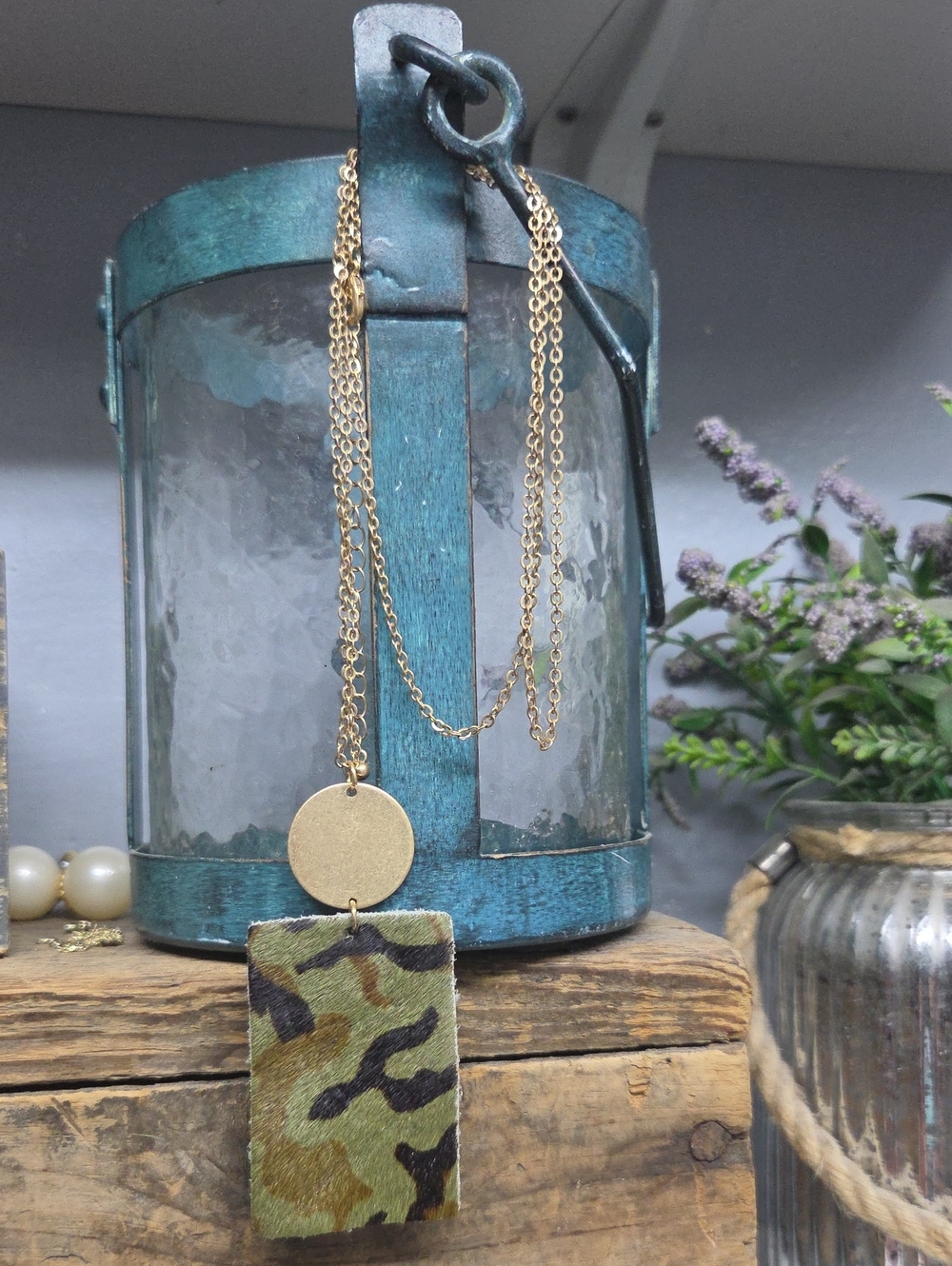 Camo Leather Rectangle Pendant Necklace Gold Disk Long Chain Statement Jewelry